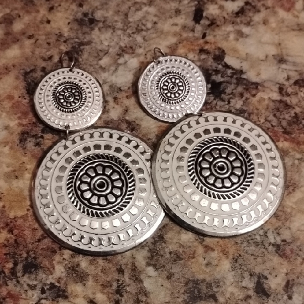 Silver and Black Circular Earrings